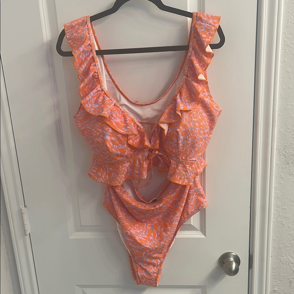 Eloquii Orange and White Ruffle One Piece Swimsuit